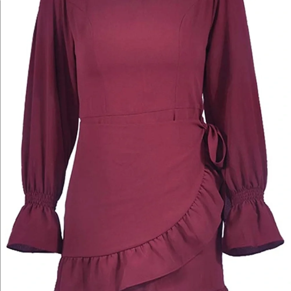 2/$40 VDAY Women wine red ruffle front wrap dress long sleeve burgundy medium - Picture 10 of 11